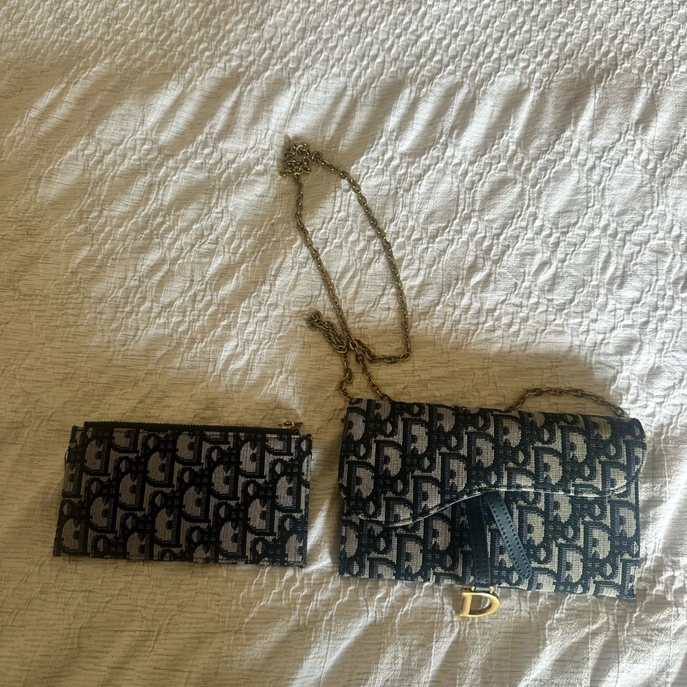 Dior Navy and Black Oblique Logo Chain Crossbody with Matching Wallet